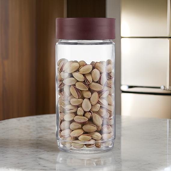 AM0661 CELLO Modustack Glassy Storage Jar | Glass Jar with Lid | Air Tight Steel Lid and Stackable | For Storage of Food, Pulses, Spice, Cereals, Cookies, Dry Food | 1000ml, Maroon