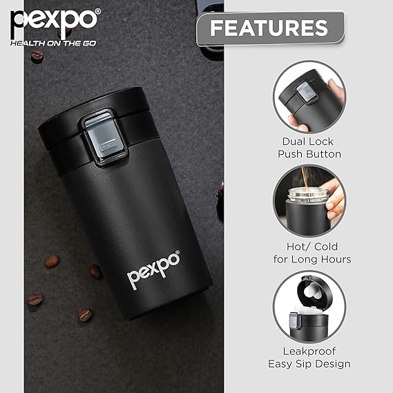 AM2797 Pexpo Cocoa Thermo Mug 300 Stainless Steel Flask with Double Lock Push Button 280ml Pack Of 1