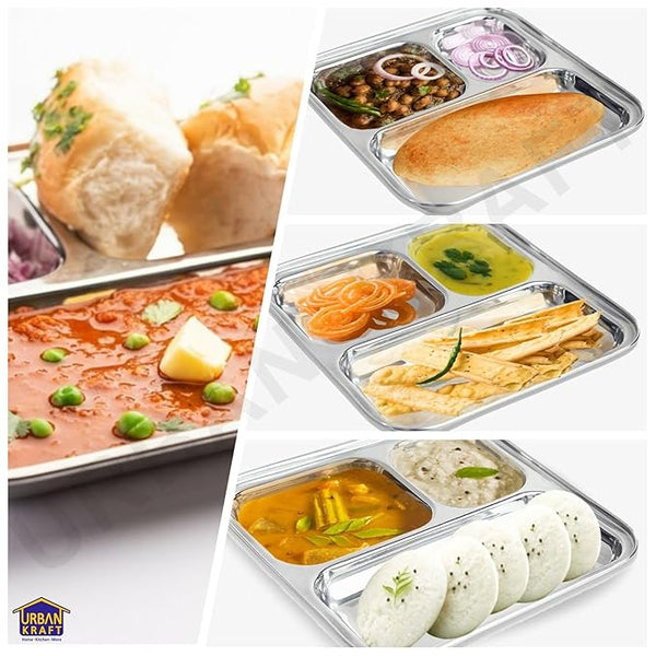 AM3333 Square Pav Bhaji Stainless Steel Plates(22.8cm X 22.5cm)with 3 Compartments