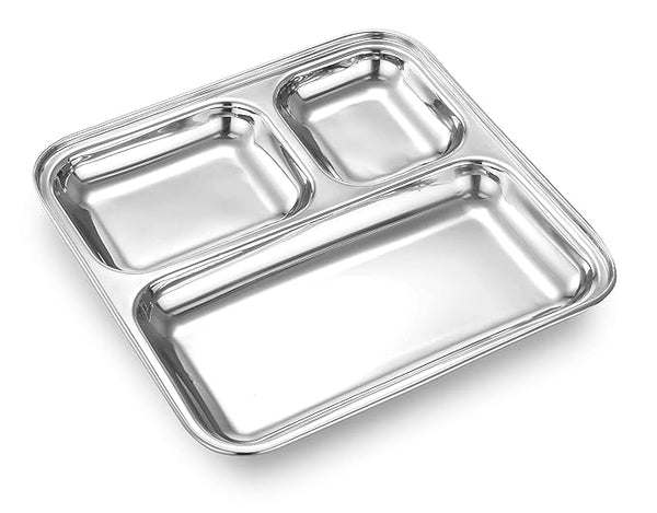 AM3333 Square Pav Bhaji Stainless Steel Plates(22.8cm X 22.5cm)with 3 Compartments