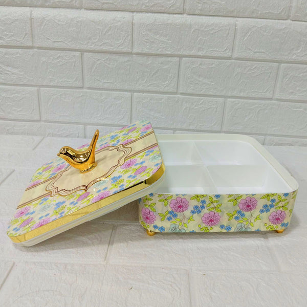 Di0156 Rishabh Clara Vintage 4 Multipurpose Storage Set | Premium Floral Dry Fruit Box with Golden Bird Handle