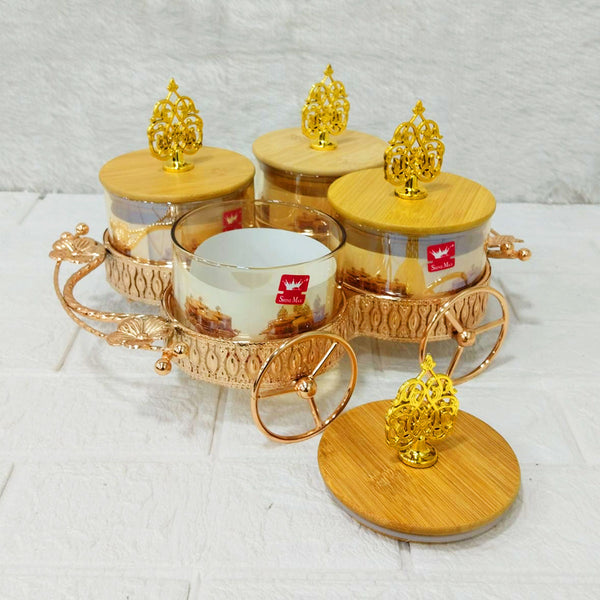 AM6271 Luxury Candy Jar Set 4 Pcs With Golden Cart Stand