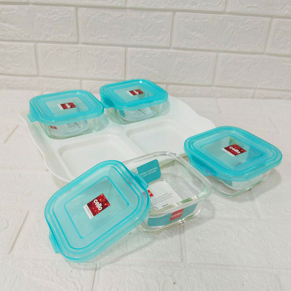 Di0244 Cello Arista 5-Piece Tray Set - 4 Glass Square Containers with Lids & Serving Tray - 320ml Each