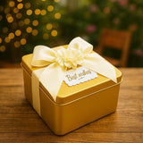 Di0010 Decorative Gold Tin Big Gift Box with Ribbon and "Best Wishes" Tag