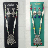 Di0047 Navratri Intricate Oxidized Silver Floral & Jali Necklace with Beaded Earings