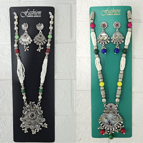 Di0047 Navratri Intricate Oxidized Silver Floral & Jali Necklace with Beaded Earings