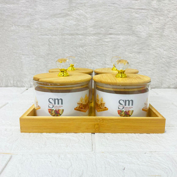 AM3723 Glass Container Jar Bowl With Wooden Deer Lids And Tray 4+1Pcs