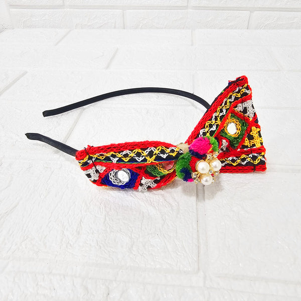 Di0042 Navratri MIx Design Colorful Braided Hairband with Cowrie Shells & Pom-Pom Ends