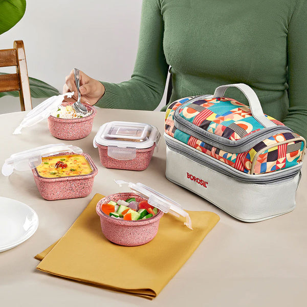 AM6192 Borosil Kube Pink Universal Glass Lunchbox, 320ml x 2 + 240ml x 2