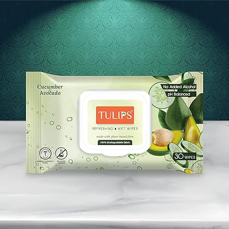 AM2528 Tulip Refreshing Cleaning Wet Wipes Cucumber Avocado Made With Plant Based Fibre 30 Wipes 1 Pack