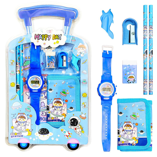 A06898 Blister Kids Stationery Gift Set with Digital Wrist Watch (Pencils, Wallet, Eraser & Sharpener)