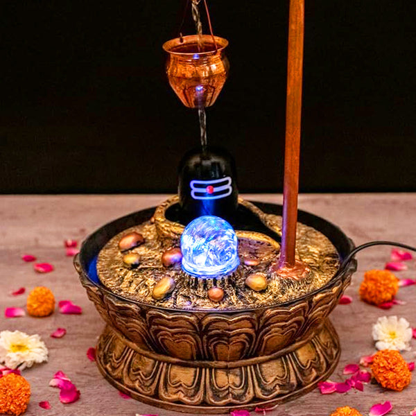 AM5945 Luxury Copper Shivling Water Fountain With Crystal Ball for Home Decor