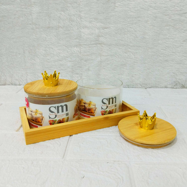 AM6272 SM 2pc Glass Jars with Crown Lids & Serving Tray Set