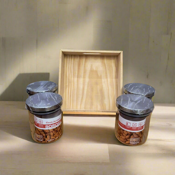AM5171 Borosil Classic Jars With Wooden Tray - 4Pcs (600 ml Each)