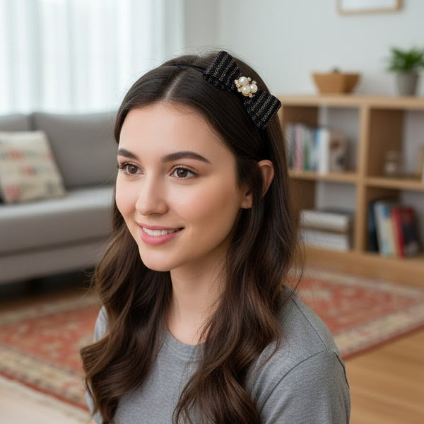 AM6380 Multicolour Elegant Glitter Bow Hairband with Pearl & Stone Centerpiece