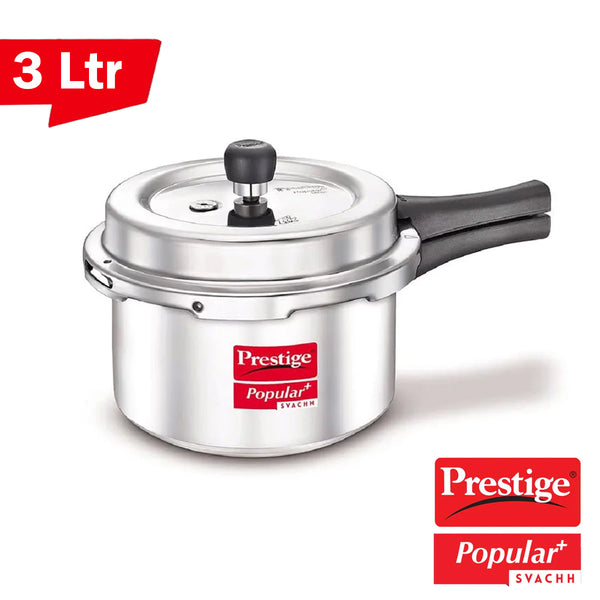 AM2237 Prestige Popular Plus Svachh Virgin Aluminium Gas and Induction Compatible Outer Lid Pressure Cooker, 3 L (Silver)