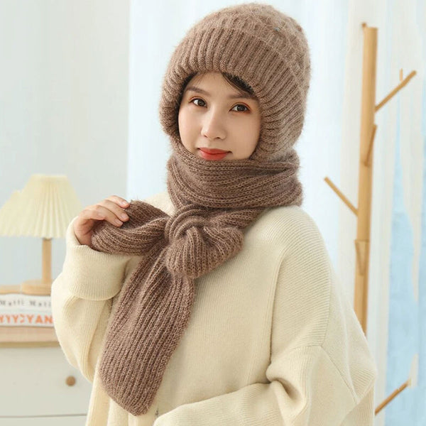 AM2868 Winter Hat Cap Plain Integrated Ear Protection Windproof Cap Scarf