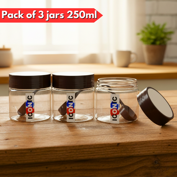 AM6261 ICONIC 250 Plastic Storage Containers Set - 3 PCS - Reusable Jars with Airtight Lids