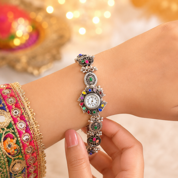 A07012 Women's Oxidized Silver Ethnic Bracelet Watch with Multicolor Stones