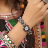 A07012 Women's Oxidized Silver Ethnic Bracelet Watch with Multicolor Stones