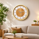 A06890 Modern Round Wooden Finish Wall Clock with Two-Tone Dial & Large Numerals