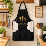 A07225 Waterproof Black Cooking Apron with Hand-Wipe Towels & Graphic Print (Without Pocket)