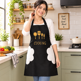 A07225 Waterproof Black Cooking Apron with Hand-Wipe Towels & Graphic Print (Without Pocket)