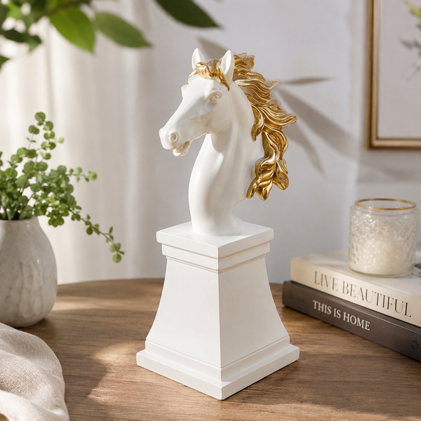 A06884 White & Gold Horse Head Bust Pedestal Statue