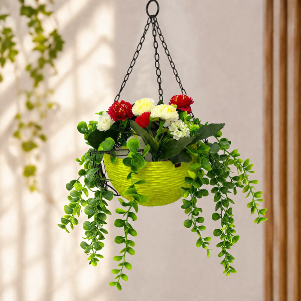 A06689 Artificial Hanging Plant Basket with Trails & Flowers for Home & Garden Decor