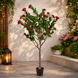 A06682 Artificial Red Rose Flowering Tree in Black Pot