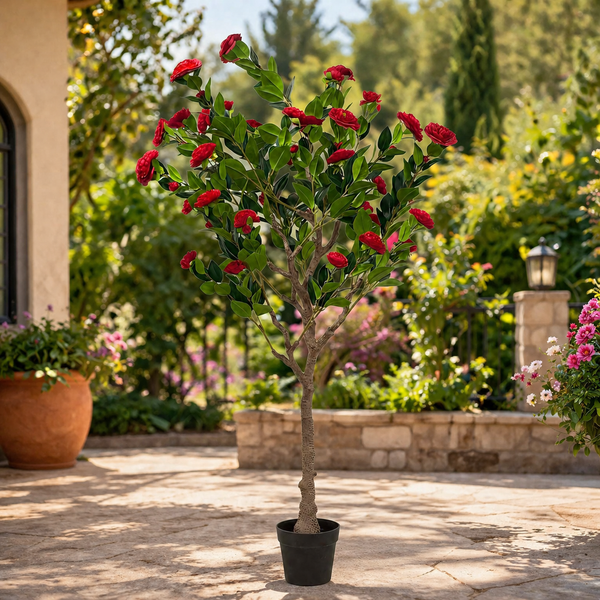A06682 Artificial Red Rose Flowering Tree in Black Pot