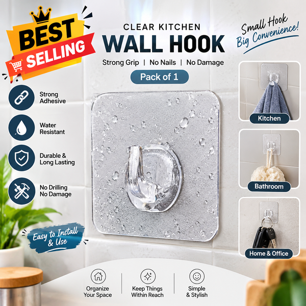 AM5490 Clear Kitchen Wall Hook-Pack of 1 - Self Adhesive Heavy Duty Wall Hooks for Hanging - Heavy Duty Adhesive Hooks for Bathroom and Kitchen