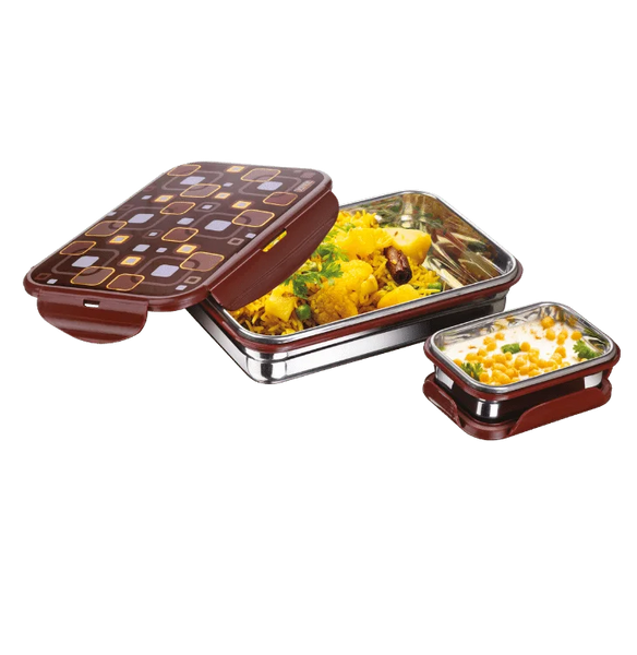 AM3269 Joyful Deluxe Lunch Box with Spoon 850 Stainless Steel Color & Design Availablity as per Stock For collage, office School 1 Piece