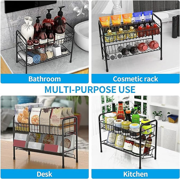 3318 Metal 2Tier Spice Rack Organizer Multifunction Kitchen Storage Shelf Rack Kitchen countertop stand (Black)