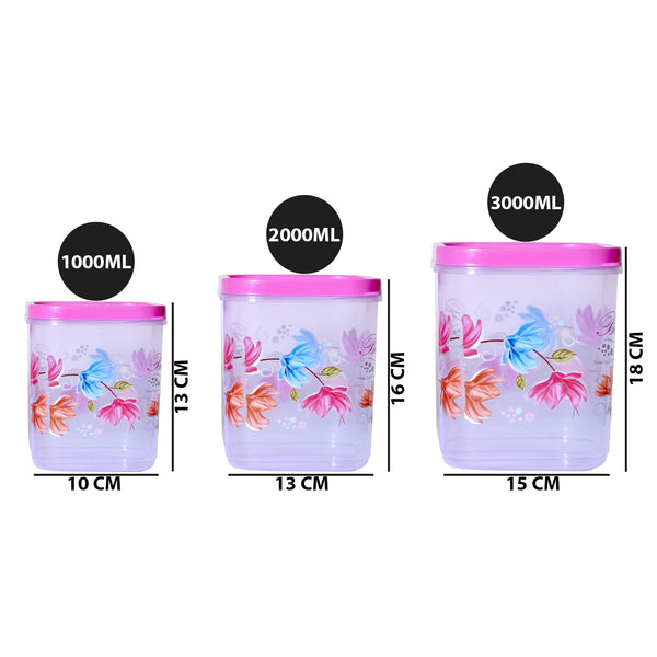 3933 Airtight Flower Printed Kitchen Storage Container - Transparent (Multicolor) Set of 3pcs (6000 x 8000 x 11000 ml)