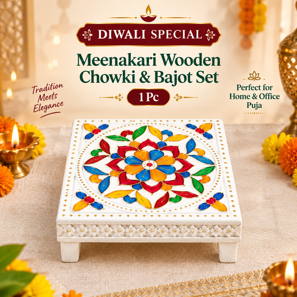 2563 1 Pc Meenakari Wooden Chowki & Bajot Set: For Home & Office Puja (Multicolor)