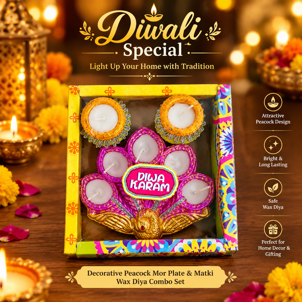 A07549 Decorative Peacock Mor Plate & Matki Wax Diya Combo Set for Festival Decor
