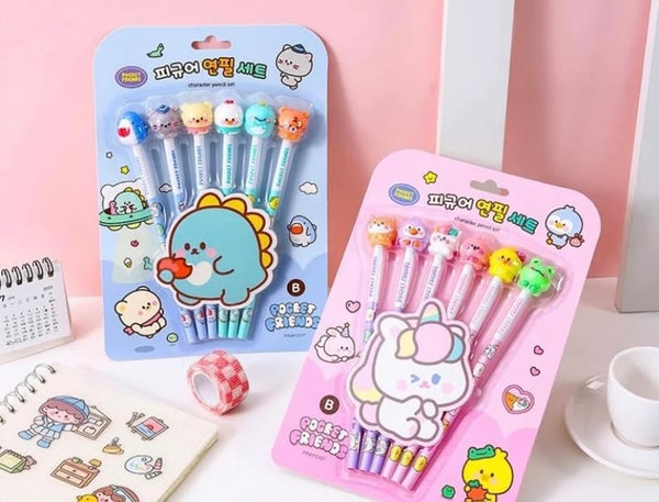 AM2970 Super Cute Cartoon Animals Eraser Pencil Set PS-2315-SC-6 Standard Bright Pencil Set, Pencil 6 Pcs, Eraser 6 Pcs