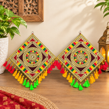 A08006 Handcrafted Ethnic Mirror Work Square Wall Hanging with Tassels (Set of 2)