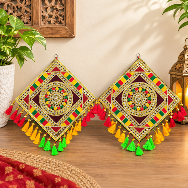 A08006 Handcrafted Ethnic Mirror Work Square Wall Hanging with Tassels (Set of 2)