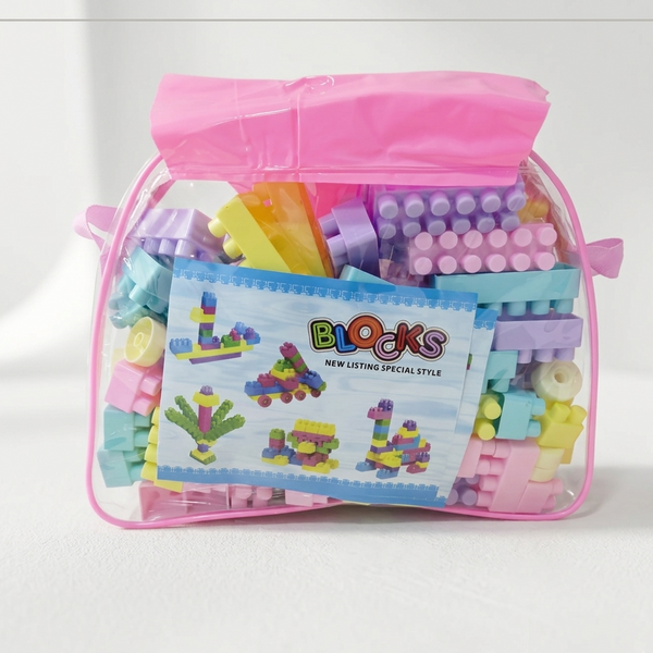 AM7065 Macaron Pastel Building Blocks Set (72+ Pieces) in Portable Pink Carry Bag