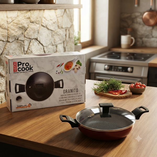 A07956 Milton ProCook Granito Induction Non-Stick Kadhai with Glass Lid (24 cm, Maroon)