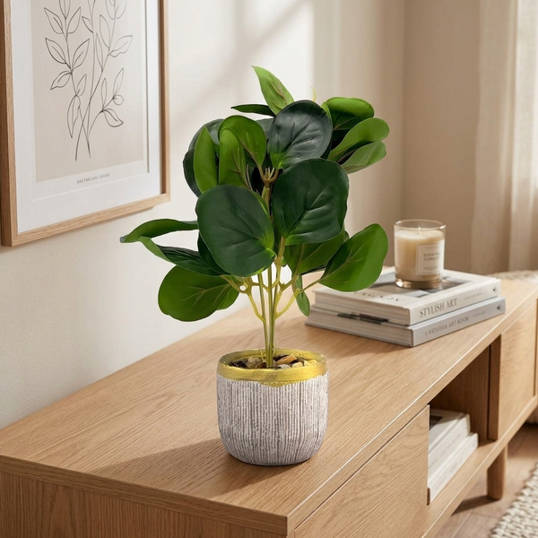 AM7453 Artificial Eucalyptus Money Plant in Gold-Rimmed Textured Pot