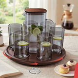 A07945 Shine Max 8-Piece Glass Pitcher and Cup Set with 360 Rotating Wooden Tray Base