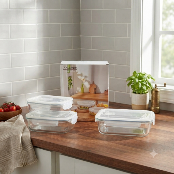 A07940 Diamonds Airtight Glass Food Storage Containers with Clip Lids (Set of 3)