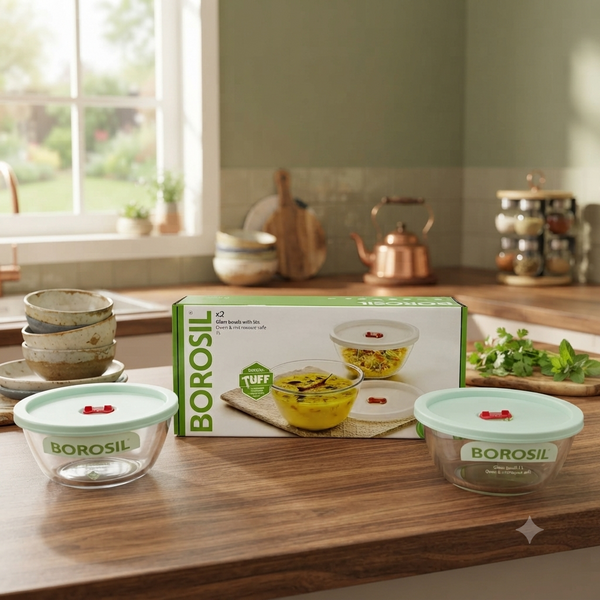A07963 Borosil Tuff Glass Bowls with Lids Set (1 L, Pack of 2)