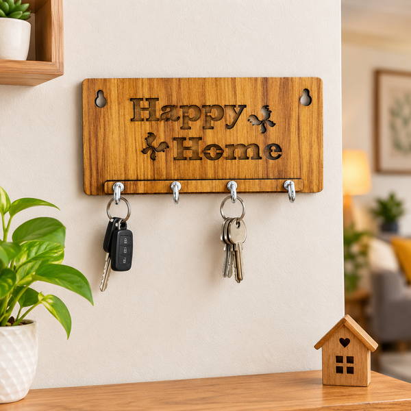 A07990 Wooden Key Holder with 4 Metal Hooks for Wall Decor