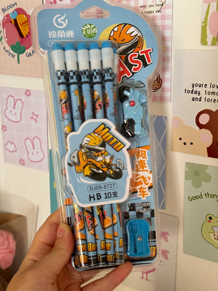 AM2969 Racing Moto Pencil Set PS-2310-RM-10 Standard Bright HB Pencil 10 Pcs, Sharpener 1 Pcs , Eraser 1 Pcs