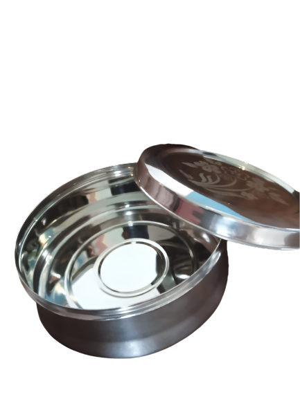 AM2963 Madhuram Prime Quality Mira Dabba No.1 7.7X16 mm Stainless Steel Flower Design Mirror Finish Dabba Set of 1