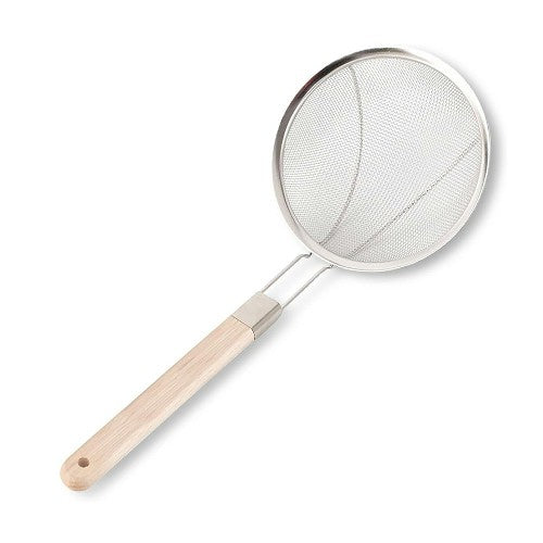 3132 20cm Stainless Steel Strainer Skimmer Deep Fry Jhara with U Shape Wooden Handle